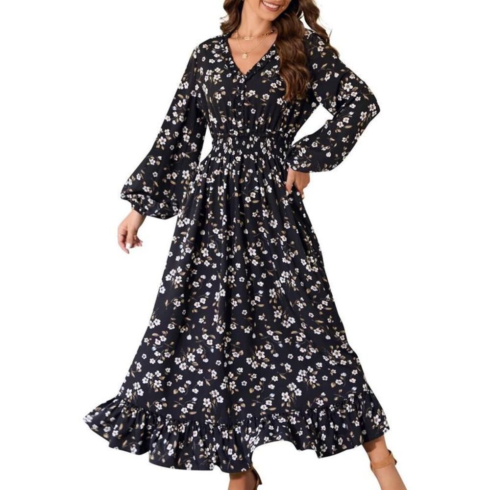 Women's Fall V-Neck Long Sleeve Ruffle Maxi Dress Wedding Guest Black S